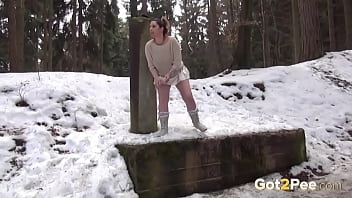This curvy amateur girl needs to pee while walking through the snow so after looking around to see if anyone is watching she pulls up her skirt and sprays her golden piss over a ledge